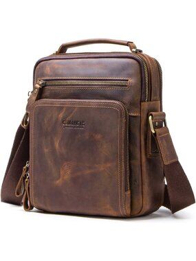 Men's Brown Genuine Leather Small Messenger Bag Zipper Adjustable Shoulder Strap